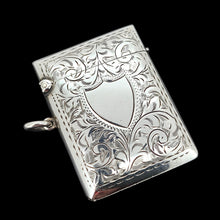 Load image into Gallery viewer, A silver rectangular engraved vesta case with a shield cartouche