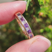 Load and play video in Gallery viewer, Vintage 9ct Yellow Gold Amethyst and Diamond Half Eternity Ring