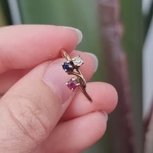 Load and play video in Gallery viewer, Antique 15ct Gold Ruby, Sapphire and Diamond Three Stone Ring video