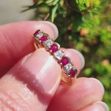Load and play video in Gallery viewer, Vintage 9ct Yellow Gold Ruby and Diamond Scalloped Edge Ring