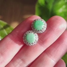 Load and play video in Gallery viewer, Vintage 9ct White Gold Jade and Diamond Cluster Stud Earrings video
