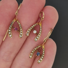 Load and play video in Gallery viewer, Antique 18ct Gold Diamond, Ruby, Sapphire & Pearl Wishbone Pendant with Earrings video