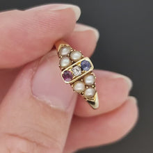 Load and play video in Gallery viewer, Edwardian 18ct Yellow Gold Ruby, Sapphire, Diamond and Pearl Ring