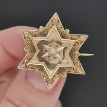 Load and play video in Gallery viewer, Victorian French 18ct Gold Seed Pearl Star Brooch