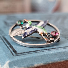 Load image into Gallery viewer, Art Deco Silver, Enamel & Paste Crane Bird Brooch side