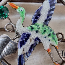 Load image into Gallery viewer, Art Deco Silver, Enamel & Paste Crane Bird Brooch detail