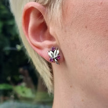Load image into Gallery viewer, Vintage 9ct White Gold Ruby Screw-Back Earrings on ear