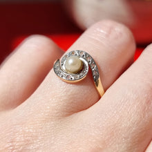 Load image into Gallery viewer, Antique Style 18ct Gold Pearl & Rose-Cut Diamond Swirl Ring modelled