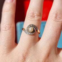 Load image into Gallery viewer, Antique Style 18ct Gold Pearl & Rose-Cut Diamond Swirl Ring modelled