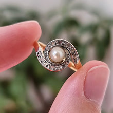 Load image into Gallery viewer, Antique Style 18ct Gold Pearl & Rose-Cut Diamond Swirl Ring in hand