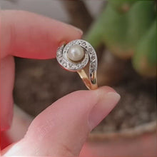 Load and play video in Gallery viewer, Vintage 18ct Gold Pearl and Rose-Cut Diamond Swirl Ring