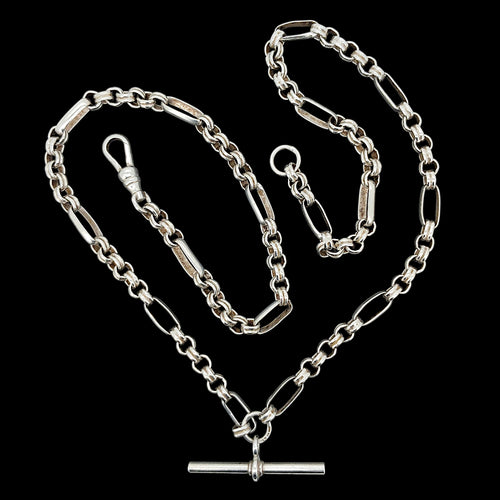 Vintage Sterling Silver Albert Chain with T-Bar and Lobster Clasp on a black background