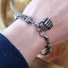 Load image into Gallery viewer, Victorian Silver Albertina Bracelet with T-Bar and Cube Charm modelled
