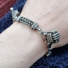 Load image into Gallery viewer, Victorian Silver Albertina Bracelet with T-Bar and Cube Charm modelled
