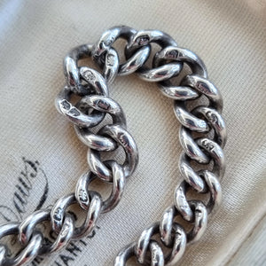 Antique Sterling Silver Graduated Curb Bracelet with Lobster Clasp stamped links