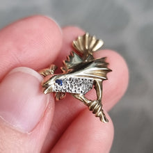 Load image into Gallery viewer, Vintage 9ct Gold Diamond &amp; Sapphire Bird Brooch in hand
