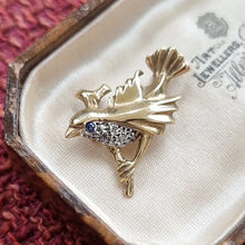 Load image into Gallery viewer, Vintage 9ct Gold Diamond &amp; Sapphire Bird Brooch in box
