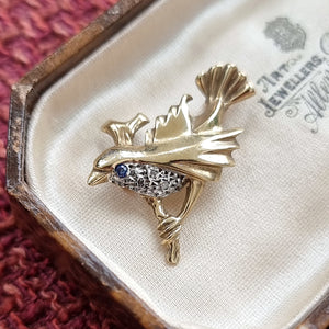 Vintage 9ct Gold Diamond & Sapphire Bird Brooch in box