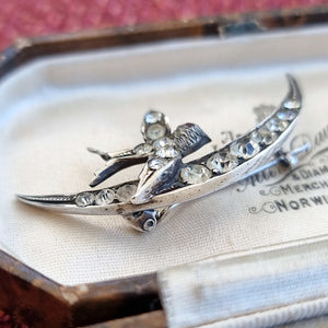 Victorian Sterling Silver & Paste Swallow and Crescent Moon Brooch side