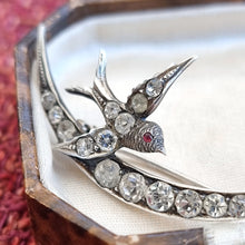 Load image into Gallery viewer, Victorian Sterling Silver &amp; Paste Swallow and Crescent Moon Brooch close-up
