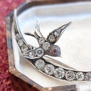 Victorian Sterling Silver & Paste Swallow and Crescent Moon Brooch close-up