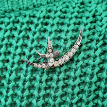 Load image into Gallery viewer, Victorian Sterling Silver &amp; Paste Swallow and Crescent Moon Brooch modelled

