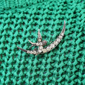 Victorian Sterling Silver & Paste Swallow and Crescent Moon Brooch modelled