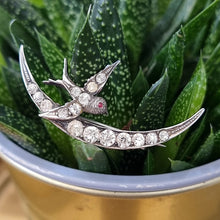 Load image into Gallery viewer, Victorian Sterling Silver &amp; Paste Swallow and Crescent Moon Brooch front
