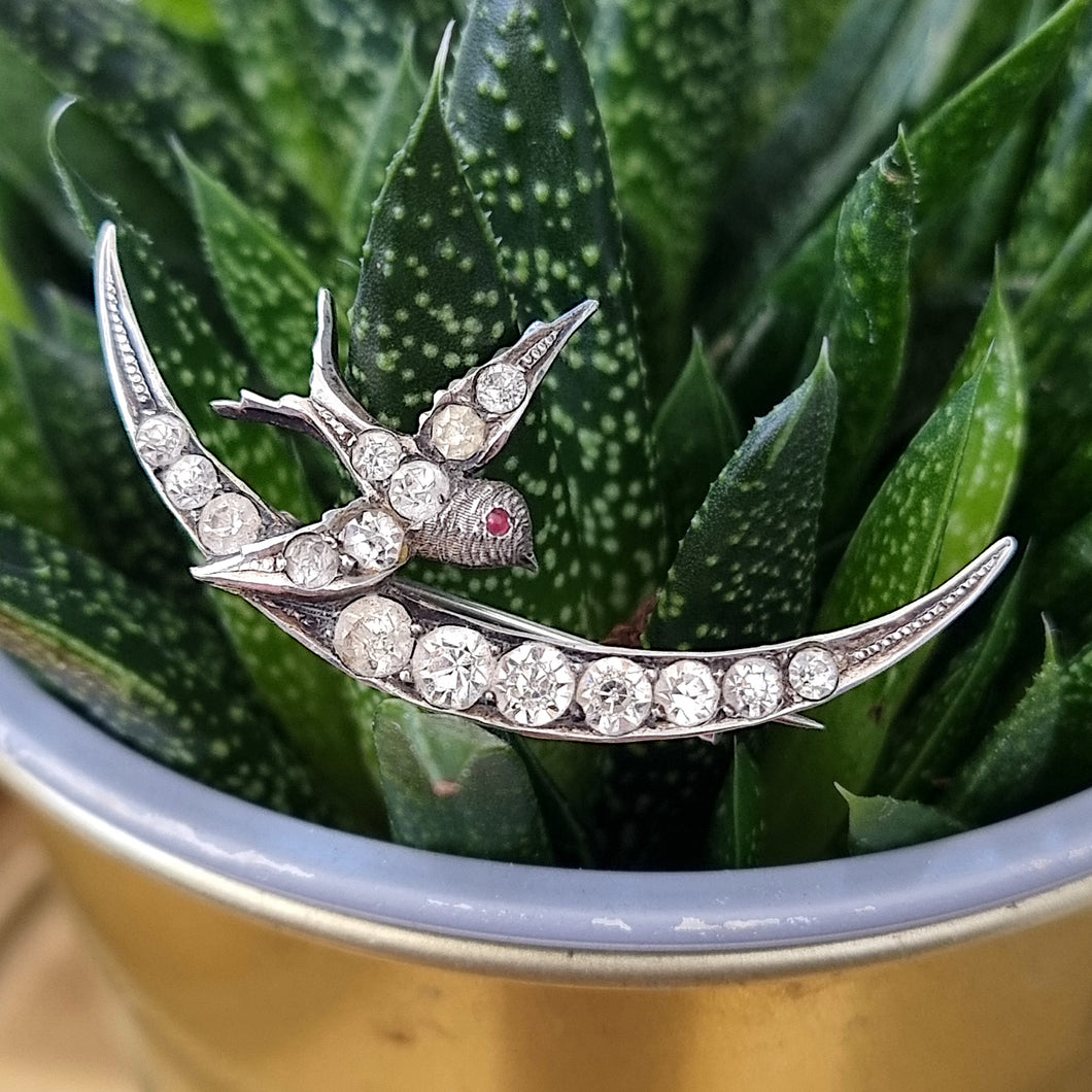 Victorian Sterling Silver & Paste Swallow and Crescent Moon Brooch front
