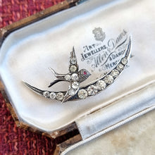 Load image into Gallery viewer, Victorian Sterling Silver &amp; Paste Swallow and Crescent Moon Brooch in box

