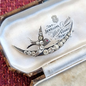 Victorian Sterling Silver & Paste Swallow and Crescent Moon Brooch in box