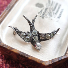 Load image into Gallery viewer, Victorian Silver and Paste Swallow Brooch in box
