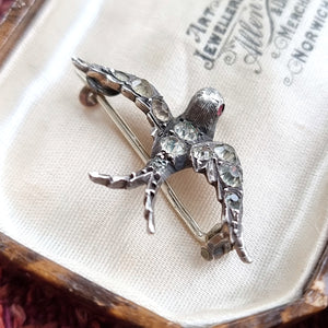 Victorian Silver and Paste Swallow Brooch from behind