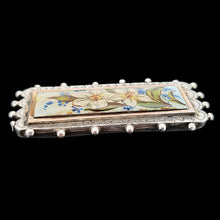 Load image into Gallery viewer, An oblong silver hobnail bead border brooch with an enamelled central plaque displaying flowers
