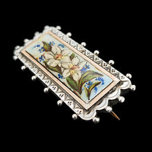 Load image into Gallery viewer, An oblong silver hobnail bead border brooch with an enamelled central plaque displaying flowers
