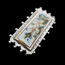 Load image into Gallery viewer, An oblong silver hobnail bead border brooch with an enamelled central plaque displaying flowers
