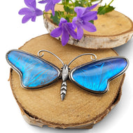A large blue morpho butterfly wing butterfly brooch in silver, on wood, with purple flowers