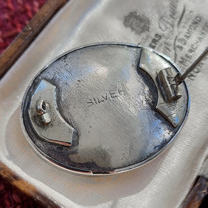 Victorian Silver Flying Swallows Brooch in box, back, stamp