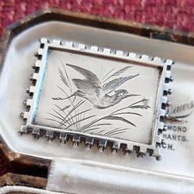 Load image into Gallery viewer, Victorian Silver Wading Bird Brooch in box, front
