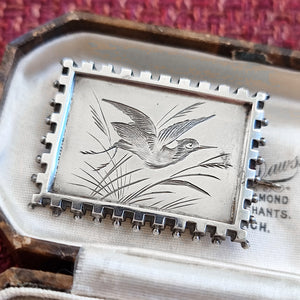 Victorian Silver Wading Bird Brooch in box, front