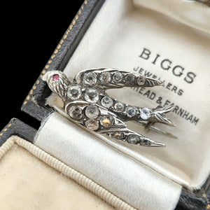 Antique Silver Paste Swallow Bird Brooch in box