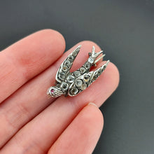 Load image into Gallery viewer, Antique Silver Paste Swallow Bird Brooch in hand
