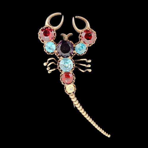 Vintage 9ct Rose Gold Amethyst, Garnet and Zircon Scorpion Brooch front