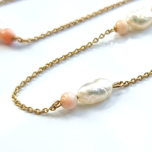 Vintage 9ct Gold Coral and Pearl 15" Chain close-up