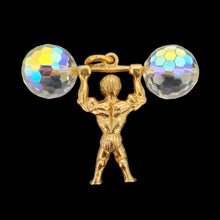 Load image into Gallery viewer, A yellow gold weightlifter charm pendant with a crystal barbell
