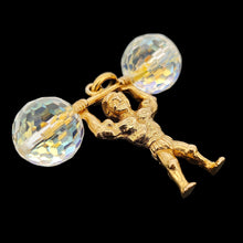 Load image into Gallery viewer, A yellow gold weightlifter charm pendant with a crystal barbell
