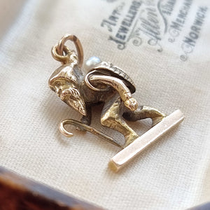Victorian 15ct Gold Travelling Man Charm with Pearl in box, side