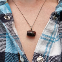 Load image into Gallery viewer, Antique Bloodstone Barrel Charm with Silver Chain modelled
