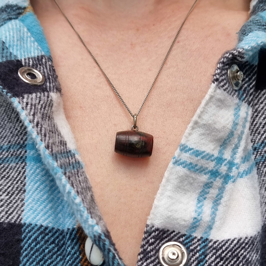 Antique Bloodstone Barrel Charm with Silver Chain modelled