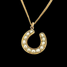 Load image into Gallery viewer, Antique 9ct Gold Pearl Horseshoe Charm/Pendant with chain
